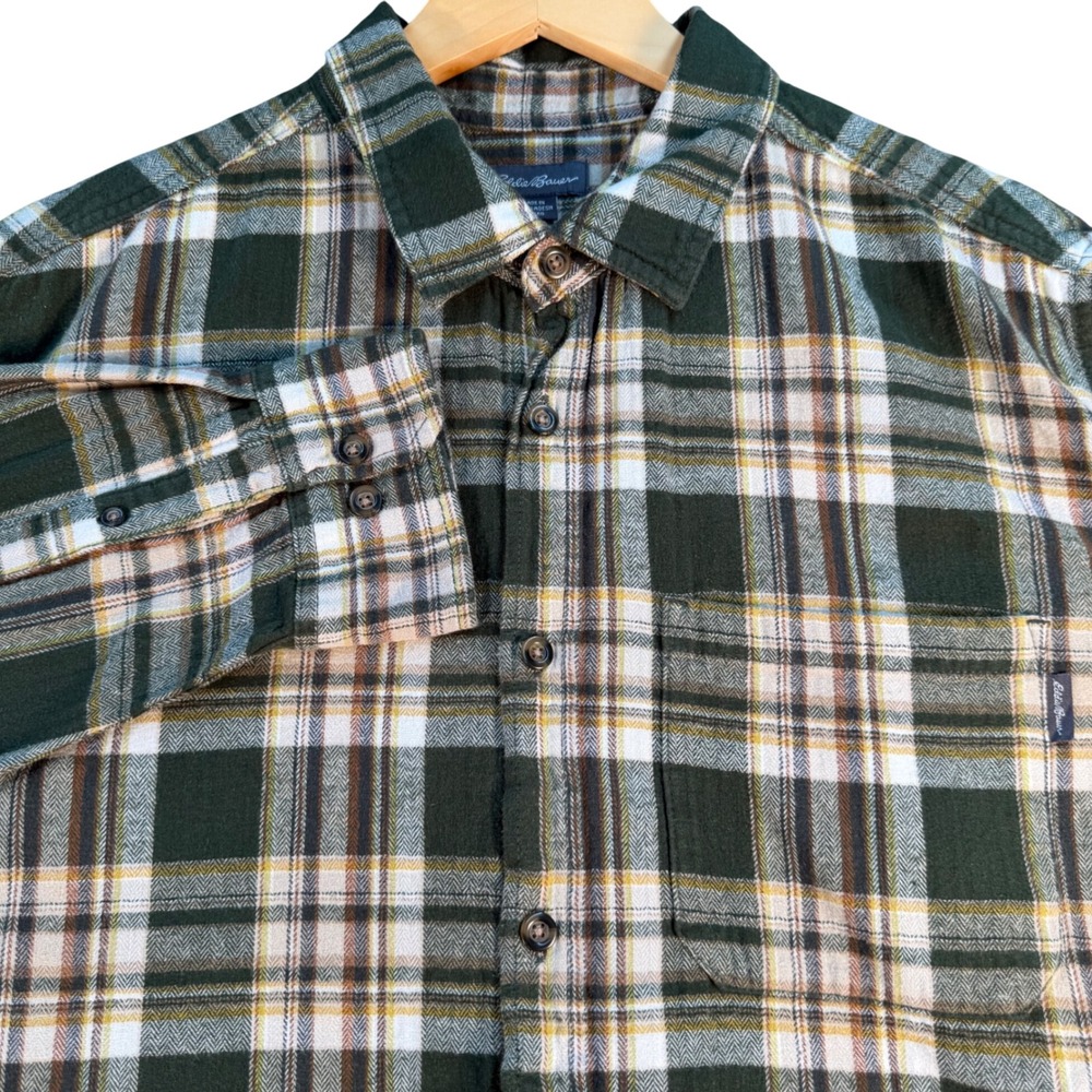 Eddie Bauer Mens XL Green Plaid Flannel Button Down Shirt Long Sleeve Cotton